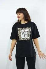 Brown Leopar Baskılı Duble Kol Yırtmaçlı Oversize Kadın T-Shirt Siyah