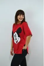 Mickey Mouse Baskılı Duble Kol Yırtmaçlı Oversize Kadın T-Shirt Kırmızı