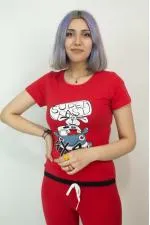 Kadın Teknur Baskılı Kapri T-Shirt Pijama Takımı Kırmızı