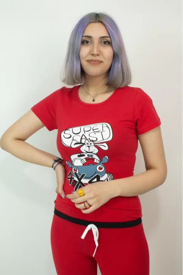 Kadın Teknur Baskılı Kapri T-Shirt Pijama Takımı Kırmızı