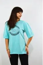 Imperfectly Baskılı Duble Kol Yırtmaçlı Oversize Kadın T-Shirt Turkuaz