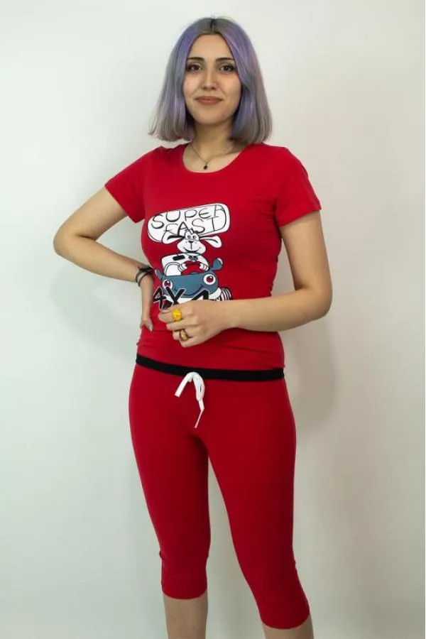 Kadın Teknur Baskılı Kapri T-Shirt Pijama Takımı Kırmızı