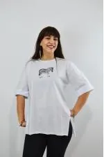 Zebra Nakış İşlemeli Duble Kol Yırtmaçlı Oversize Kadın T-Shirt Beyaz