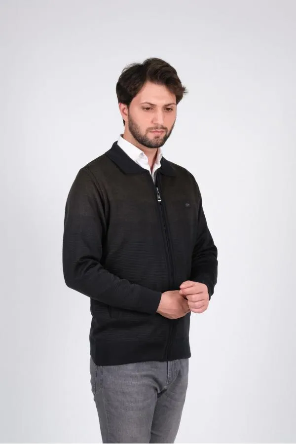 Çizgi Triko Erkek Battal Boy Polo Yaka Astarlı Triko Mont Fermuarlı Desenli 3XL - 4XL - 5XL - LACİVERT / KAHVE