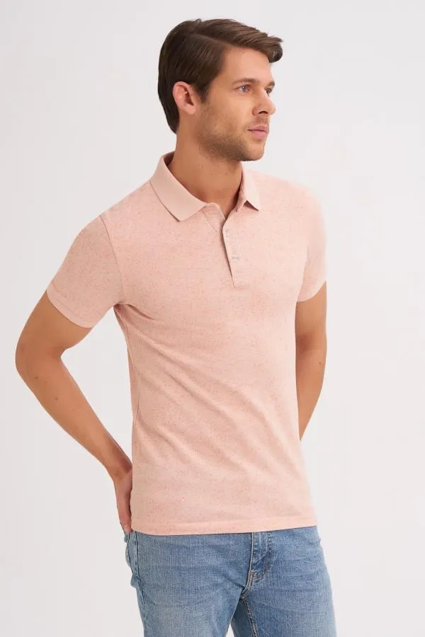 Çizgi Triko Erkek Slim Fit Polo Yaka Tişört Kolu Lastikli Kumaş %100 Pamuk - Pudra