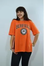 Berfield Baskılı Duble Kol Yırtmaçlı Oversize Kadın T-Shirt Turuncu