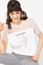 Kadın Beyaz Baskılı Taş İşlemeli Kısa Kollu Basic T-Shirt