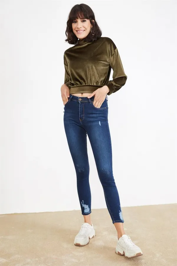 Kadın Mavi Eskitme Efektli Skinny Jeans