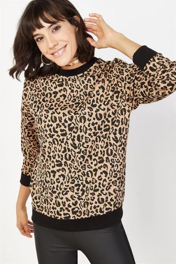 Kadın Siyah Leopar Desenli Sweatshirt